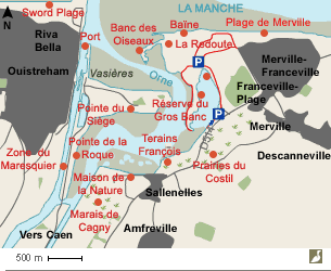 Carte de l'estuaire de l'Orne (Calvados) et emplacements de bons sites d'observation