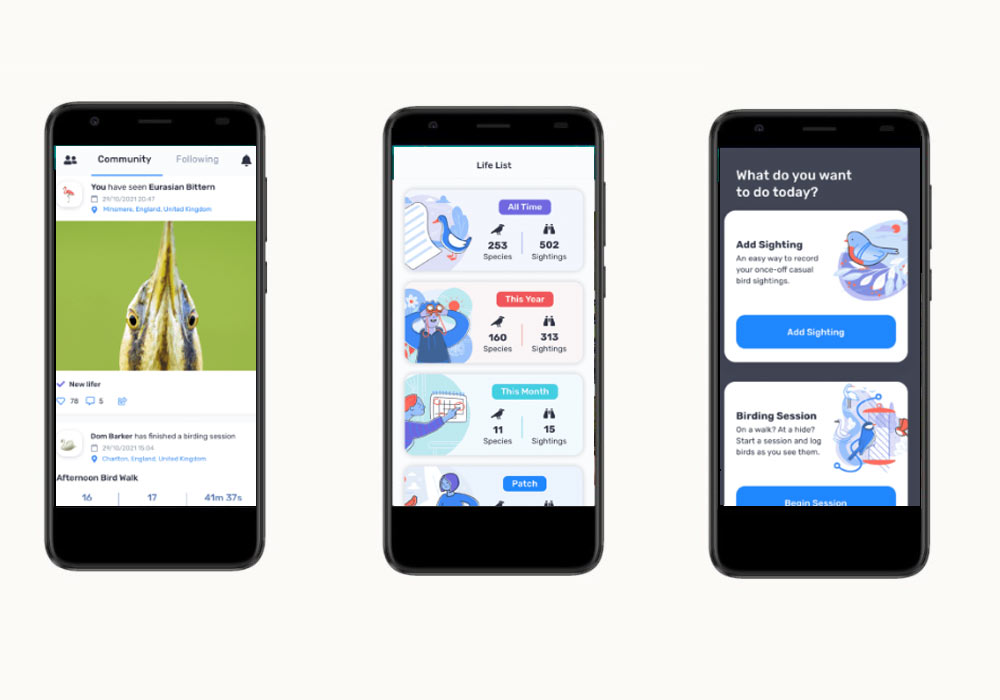 Trois écrans de l'application Birda