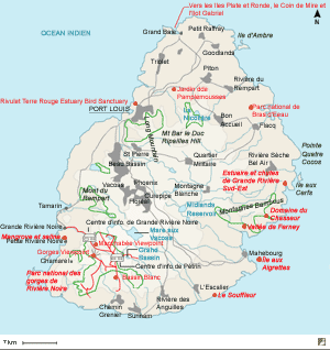 Carte de l'île Maurice et situations de quelques bons secteurs ornithologiques