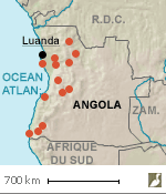 Carte de l'Angola et situations des principaux secteurs visités