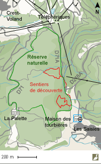 Carte d'accès à la réserve naturelle régionale de la tourbière des Saisies (Savoie)