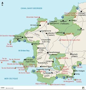 Carte du parc national côtier du Pembrokeshire (Grande-Bretagne) et bons sites d'observation