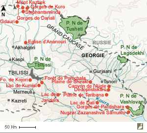 Carte de l'est de la Géorgie et les sites visités