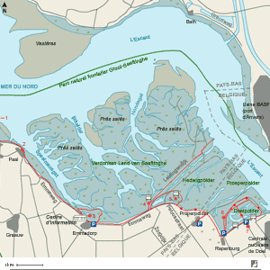 Carte du parc transfrontalier de Groot Saeftinghe (Pays-Bas/Belgique) et bons points d'observation Carte du parc transfrontalier de Groot Saeftinghe (Pays-Bas/Belgique) et bons points d'observation