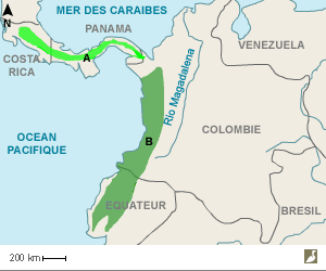 Aires de répartition du Tétéma à tête noire (Formicarius nigricapillus) et du Tétéma à capuchon noir (F. destructus)