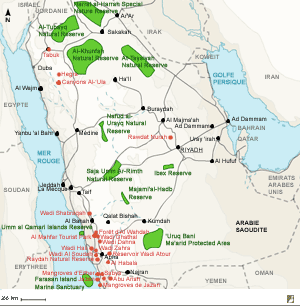Carte de l'Arabie saoudite et emplacements des sites visités durant le séjour 