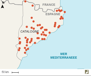 Emplacements des 68 zones ayant brûlé en Catalogne (Espagne)