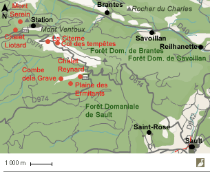 Carte du mont Ventoux (Vaucluse) et emplacements de plusieurs sites d'observation de la migration postnuptiale