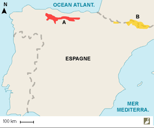 Aires de répartition des sous-espèces T. u. cantabricus et T. u. aquitanicus du Grand Tétras (Tetrao urogallus)