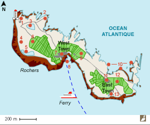 Carte de l'île de Toraigh ou Tory (Irlande) et bons sites d'observation