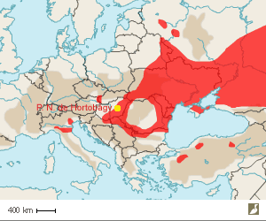 Aire de nidification européenne du Faucon kobez (Falco vespertinus) (en rouge)