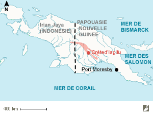 Zone du Pli du Sud en rouge et situation de la crête karstique d’Iagifu