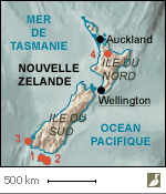 Emplacements des sanctuaires de Nouvelle-Zélande où vivent actuellement des Strigops kakapo (Strigops habroptila)