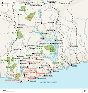 Carte du Ghana et emplacements des sites visités durant le séjour 