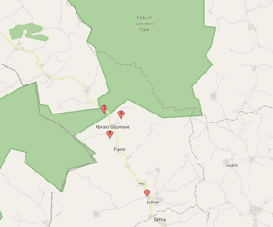 Emplacements des sites visités dans et à proximité du parc national de Kakum (Ghana)
