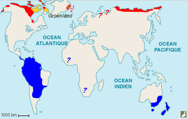 Aires de nidification et d'hivernage (en bleu) du Bécasseau tacheté (Calidris malanotos)