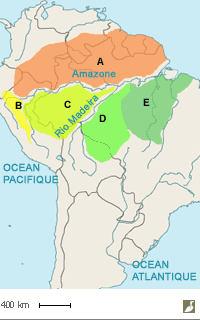 Aires de répartition approximatives des Grisins ardoisé (Cercomacra cinerascens), uninote (C. sclateri), des Mura (C. mura), à voix rauque (C. raucisona) et du Sud-est (C. iterata)