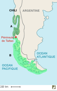 Aires de répartition du Brassemer de Chiloé (Tachyeres ketru) et du Brassemer cendré (T. pteneres)