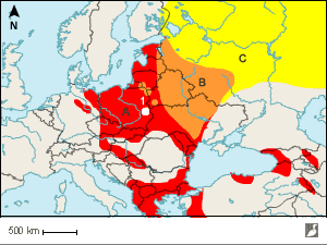 Aires de répartition des Aigles pomarin (A) et criard (C) en Europe