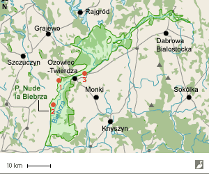 Carte du secteur du parc national de la Biebrza (Pologne) et emplacements des points d'observation