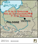 Situations des parcs nationaux de Bialowieza et de la Biebrza et du réservoir de Siemianówka (Pologne)