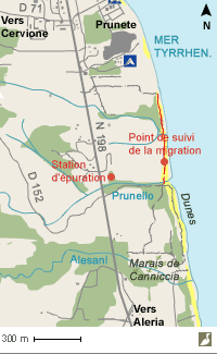 Carte du site de suivi de la migration des dunes de Prunete