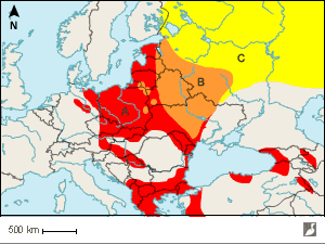 Aires de répartition des Aigles pomarin (A) et criard (C) en Europe