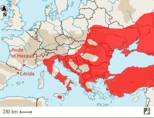 Aire de répartition de la Pie-grièche à poitrine rose (Lanius minor)